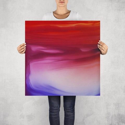 Model holding the 'Sakura' fine art print, emphasing the fusion of red, blue, and purple in medium size