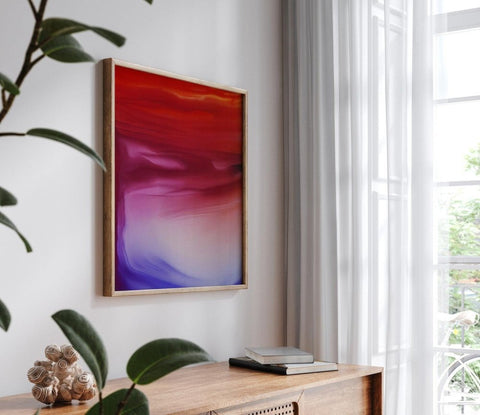 'Sakura' painting elegantly positioned over a wooden cabinet in a cozy living room setting